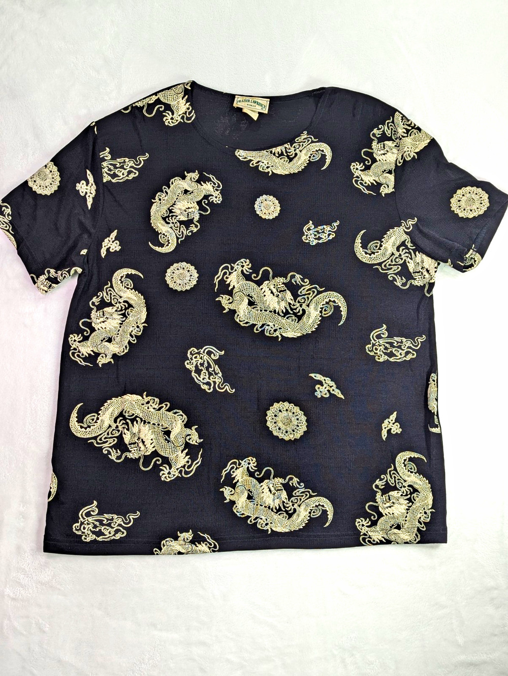Vintage Frazier Lawrence Dragon Medallion Print Top 2X Black Gold Y2K Slinky USA